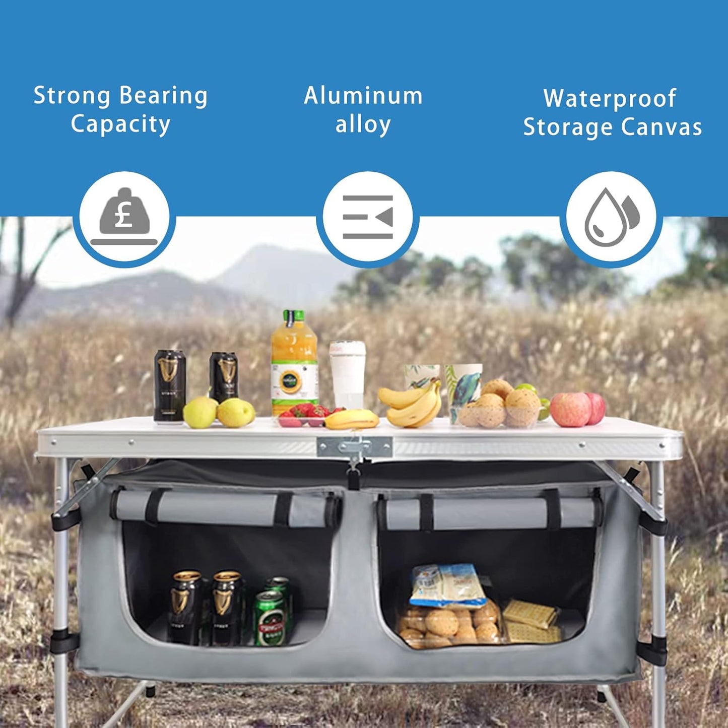 Folding Camping Table with Storage Lightweight Camp Tables Portable Indoor/Outdoor Collapsible Table Height Adjustable Camp Kitchen Perfect for Picnic, Beach, Travel, Tailgating, Backyards, BBQ, Party