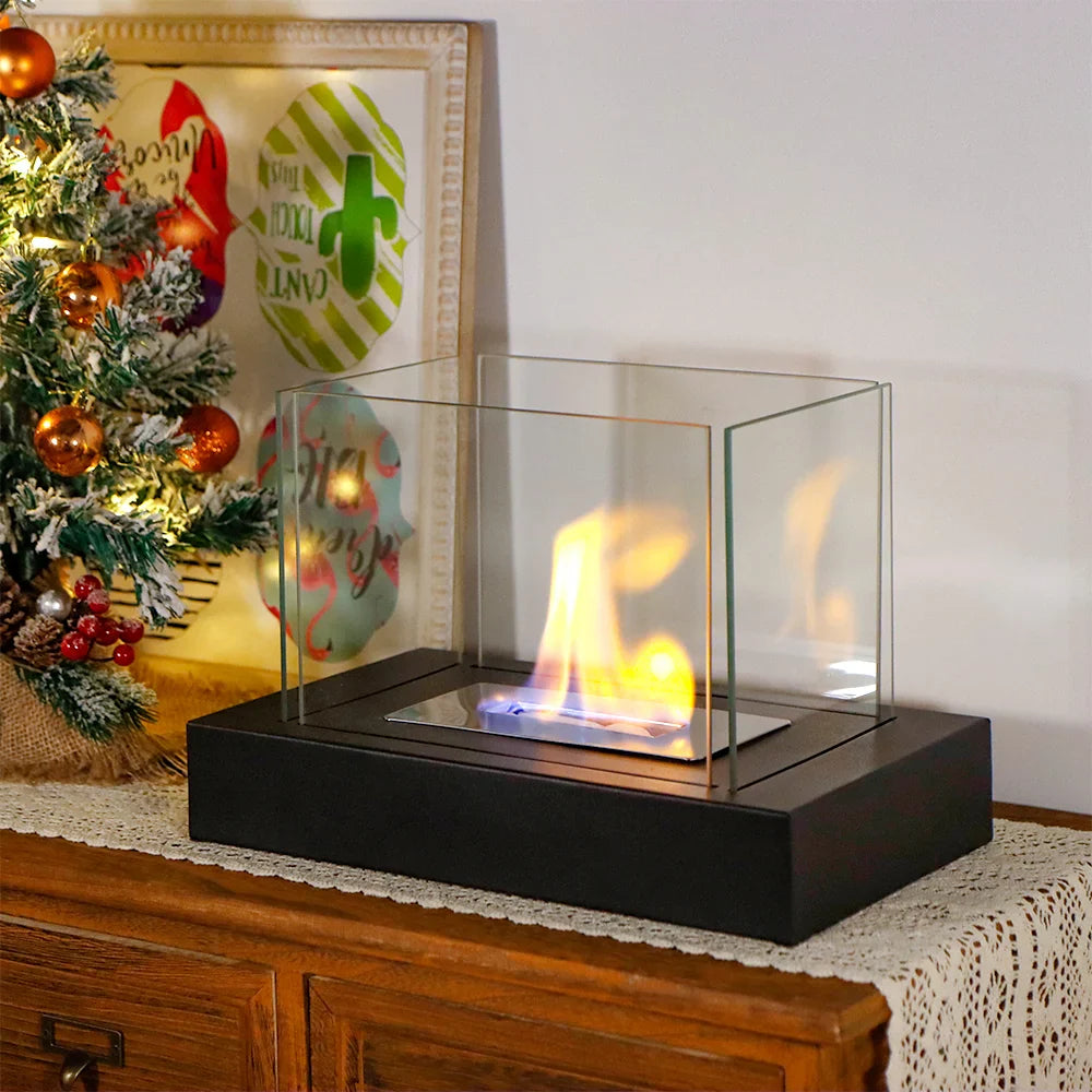 360° View Rectangular Tabletop Fireplace Fire Bowl With Four-Sided Glass