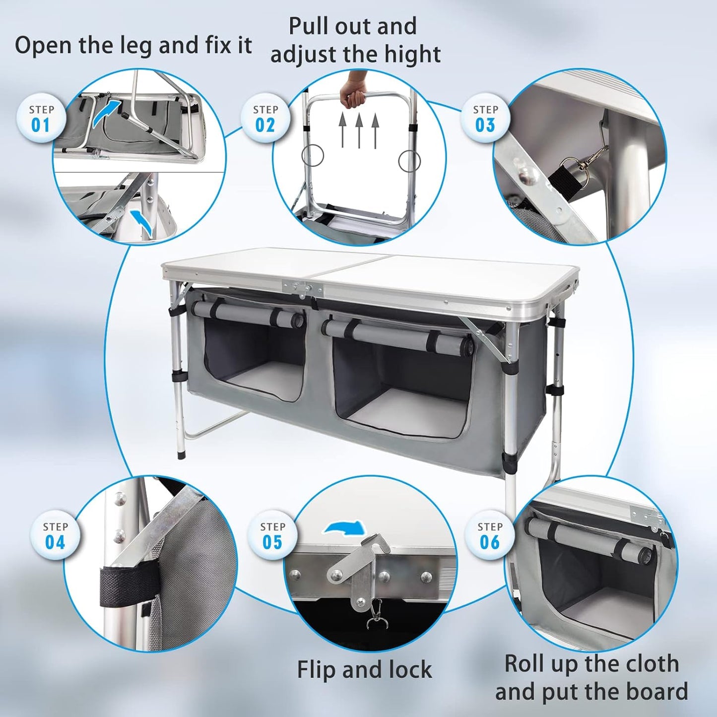 Folding Camping Table with Storage Lightweight Camp Tables Portable Indoor/Outdoor Collapsible Table Height Adjustable Camp Kitchen Perfect for Picnic, Beach, Travel, Tailgating, Backyards, BBQ, Party